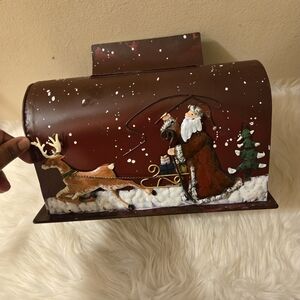 Rustic Brown Mailbox with Santa and Reindeer Design